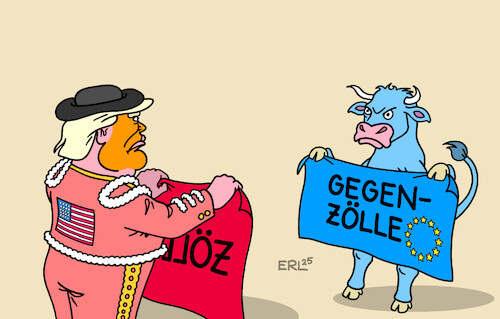 Cartoon: Stierkampf (medium) by Erl tagged politik,finanzen,handel,usa,trump,zölle,eu,gegenzölle,stier,stierkampf,karikatur,erl,politik,finanzen,handel,usa,trump,zölle,eu,gegenzölle,stier,stierkampf,karikatur,erl