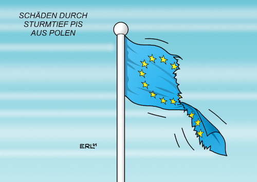 Cartoon: Sturmtief (medium) by Erl tagged politik,eu,europäische,union,problem,polen,justiz,unabhängigkeit,gewaltenteilung,einfluss,regierung,partei,pis,nationalkonservativ,verfassungsgericht,nationales,recht,höher,europäisches,sturm,sturmtief,ignatz,schäden,flagge,karikatur,erl,politik,eu,europäische,union,problem,polen,justiz,unabhängigkeit,gewaltenteilung,einfluss,regierung,partei,pis,nationalkonservativ,verfassungsgericht,nationales,recht,höher,europäisches,sturm,sturmtief,ignatz,schäden,flagge,karikatur,erl