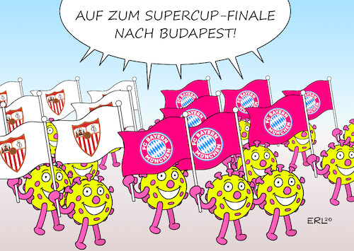 Cartoon: Supercup-Finale (medium) by Erl tagged politik,sport,corona,virus,pandemie,fußball,supercup,finale,fc,bayern,münchen,deutschland,sevilla,spanien,risikogebiet,zuschauer,viren,hot,spot,fans,abstand,masken,hygiene,karikatur,erl,politik,sport,corona,virus,pandemie,fußball,supercup,finale,fc,bayern,münchen,deutschland,sevilla,spanien,risikogebiet,zuschauer,viren,hot,spot,fans,abstand,masken,hygiene,karikatur,erl