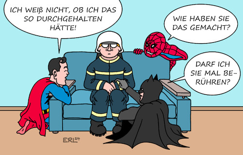 Cartoon: Superheldinnen und  -helden (medium) by Erl tagged politik,hochwasser,süddeutschland,baden,württemberg,bayern,lob,helferinnen,helfer,feuerwehr,thw,rettungsdienste,superheldinnen,superhelden,bewunderung,superman,spiderman,batman,karikatur,erl,politik,hochwasser,süddeutschland,baden,württemberg,bayern,lob,helferinnen,helfer,feuerwehr,thw,rettungsdienste,superheldinnen,superhelden,bewunderung,superman,spiderman,batman,karikatur,erl