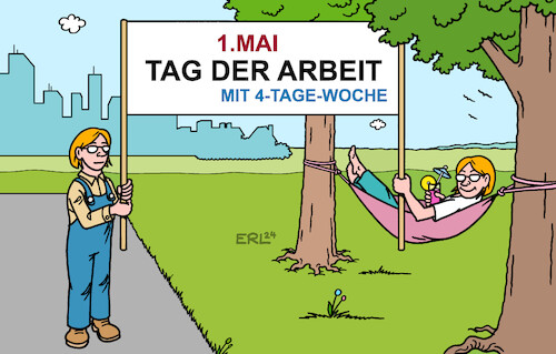 Cartoon: Tag der Arbeit (medium) by Erl tagged illustration,politik,erster,mai,tag,der,arbeit,forderung,arbeitnehmer,gewerkschaften,tage,woche,work,life,balance,fachkräftemangel,karikatur,erl,illustration,politik,erster,mai,tag,der,arbeit,forderung,arbeitnehmer,gewerkschaften,tage,woche,work,life,balance,fachkräftemangel,karikatur,erl