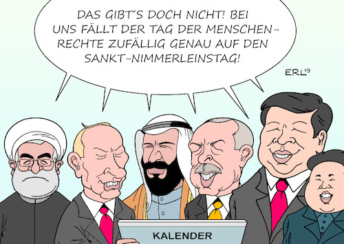 Cartoon: Tag der Menschenrechte (medium) by Erl tagged politik,tag,der,menschenrechte,zehnter,dezember,menschenrechtsverletzung,menschenrechtsverletzungen,weltweit,diktaturen,autokratien,diktatoren,autokraten,china,nordkorea,saudi,arabien,iran,türkei,russland,missachtung,abbau,demokratie,sankt,nimmerleinstag,karikatur,erl,politik,tag,der,menschenrechte,zehnter,dezember,menschenrechtsverletzung,menschenrechtsverletzungen,weltweit,diktaturen,autokratien,diktatoren,autokraten,china,nordkorea,saudi,arabien,iran,türkei,russland,missachtung,abbau,demokratie,sankt,nimmerleinstag,karikatur,erl