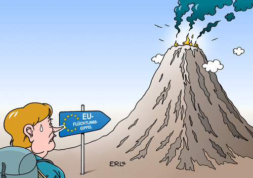 Cartoon: Tanz auf dem Vulkan (medium) by Erl tagged eu,gipfel,flüchtlinge,flüchtlingsgipfel,flüchtlingskrise,lösung,beschlüsse,bundeskanzlerin,angela,merkel,kanzlerschaft,amt,vulkan,tanz,karikatur,erl,eu,gipfel,flüchtlinge,flüchtlingsgipfel,flüchtlingskrise,lösung,beschlüsse,bundeskanzlerin,angela,merkel,kanzlerschaft,amt,vulkan,tanz,karikatur,erl