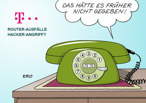 Cartoon: Telekom (medium) by Erl tagged telekom,telefon,internet,fernsehen,ausfall,störung,router,verdacht,hacker,angriff,hackerangriff,kommunikation,digital,analog,gute,alte,zeit,früher,wählscheibe,nostalgie,karikatur,erl,telekom