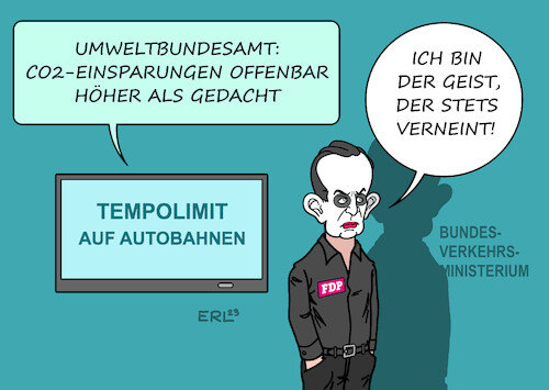 Cartoon: Tempolimit (medium) by Erl tagged politik,bundesumweltamt,tempolimit,autobahn,co2,einsparung,höher,verkehrsminister,volker,wissing,fdp,nein,wissenschaftsfern,mephisto,faust,goethe,geist,der,stets,verneint,karikatur,erl,politik,bundesumweltamt,tempolimit,autobahn,co2,einsparung,höher,verkehrsminister,volker,wissing,fdp,nein,wissenschaftsfern,mephisto,faust,goethe,geist,der,stets,verneint,karikatur,erl