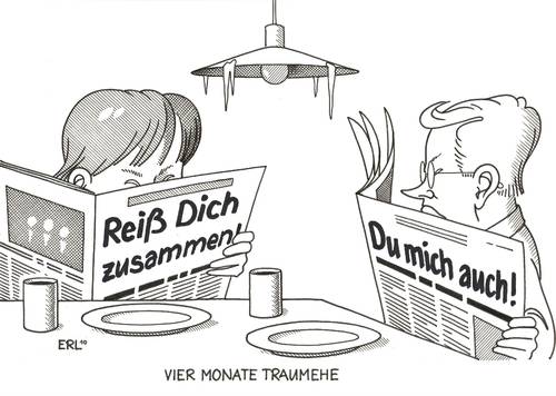 Cartoon: Traumehe (medium) by Erl tagged union,cdu,csu,fdp,koalition,schwarz,gelb,streit,medien,interview,angela merkel,guido westerwelle,angela,merkel,guido,westerwelle