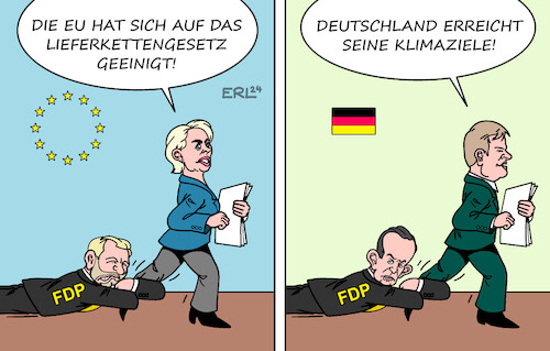 Cartoon: Trotz FDP (medium) by Erl tagged politik,deutschland,bundesregierung,ampel,einhaltung,klimaziele,wirtschaftsminister,robert,habeck,grüne,reduzierung,co2,ausnahme,gebäude,verkehr,verkehrsminister,volker,wissing,eu,einigung,lieferkettengesetz,ursula,von,der,leyen,widerstand,fdp,christian,lindner,klotz,am,bein,karikatur,erl,politik,deutschland,bundesregierung,ampel,einhaltung,klimaziele,wirtschaftsminister,robert,habeck,grüne,reduzierung,co2,ausnahme,gebäude,verkehr,verkehrsminister,volker,wissing,eu,einigung,lieferkettengesetz,ursula,von,der,leyen,widerstand,fdp,christian,lindner,klotz,am,bein,karikatur,erl