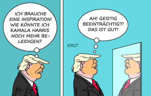 Cartoon: Trump (medium) by Erl tagged politik,usa,wahlkampf,donald,trump,beleidigung,kamala,harris,geistig,beeinträchtigt,inspiration,spiegel,karikatur,erl,politik,usa,wahlkampf,donald,trump,beleidigung,kamala,harris,geistig,beeinträchtigt,inspiration,spiegel,karikatur,erl