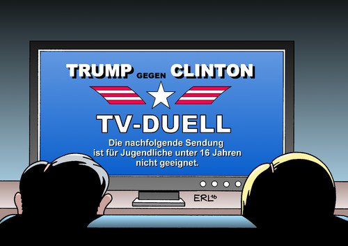 Cartoon: Trump Clinton (medium) by Erl tagged usa,wahl,präsident,präsidentin,präsidentschaftswahl,tv,duell,fernsehen,schlammschlacht,kandidat,republikaner,donald,trump,sexismus,video,demokraten,hillary,clinton,wahlkampf,schmutzig,sendung,jugendschutz,jugendliche,karikatur,erl,usa,wahl,präsident,präsidentin,präsidentschaftswahl,tv,duell,fernsehen,schlammschlacht,kandidat,republikaner,donald,trump,sexismus,video,demokraten,hillary,clinton,wahlkampf,schmutzig,sendung,jugendschutz,jugendliche,karikatur,erl