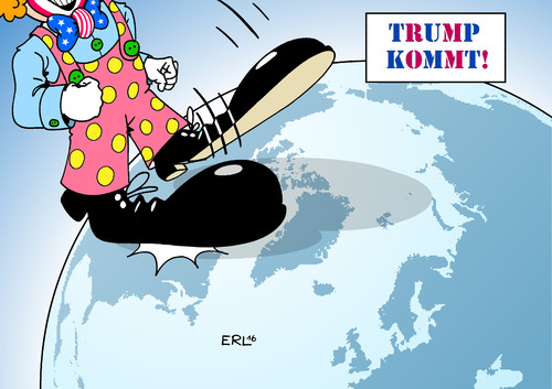 Cartoon: Trump kommt! (medium) by Erl tagged usa,präsidentschaft,vorwahl,republikaner,favorit,donald,trump,rechtspopulismus,großmaul,clown,macht,erde,karikatur,erl,usa,präsidentschaft,vorwahl,republikaner,favorit,donald,trump,rechtspopulismus,großmaul,clown,macht,erde,karikatur,erl