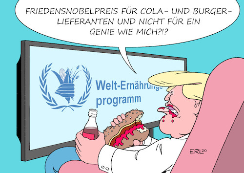 Cartoon: Trump sauer (medium) by Erl tagged politik,nobelpreis,frieden,oslo,friedensnobelpreis,welternährungsprogramm,un,hunger,aggression,verteilungskämpfe,krieg,nahrungsmittel,ernährung,zufriedenheit,unzufriedenheit,präsident,donald,trump,vermittlung,friedensvertrag,israel,vereinigte,arabische,emirate,hoffnung,enttäuschung,cola,burger,karikatur,erl,politik,nobelpreis,frieden,oslo,friedensnobelpreis,welternährungsprogramm,un,hunger,aggression,verteilungskämpfe,krieg,nahrungsmittel,ernährung,zufriedenheit,unzufriedenheit,präsident,donald,trump,vermittlung,friedensvertrag,israel,vereinigte,arabische,emirate,hoffnung,enttäuschung,cola,burger,karikatur,erl