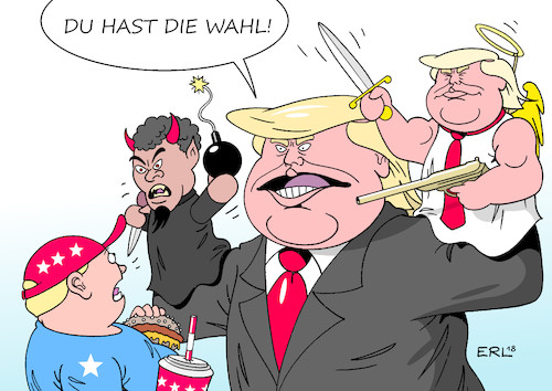 Cartoon: Trump Wahlkampf (medium) by Erl tagged politik,usa,midterm,elections,wahlen,kongress,wahlkampf,präsident,donald,trump,angst,schüren,schrecken,schreckensszenario,migranten,einwanderer,illegal,terror,gewalt,drogen,retter,erlöser,rechtspopulismus,nationalismus,gut,böse,engel,teufel,kasperltheater,wähler,karikatur,erl,politik,usa,midterm,elections,wahlen,kongress,wahlkampf,präsident,donald,trump,angst,schüren,schrecken,schreckensszenario,migranten,einwanderer,illegal,terror,gewalt,drogen,retter,erlöser,rechtspopulismus,nationalismus,gut,böse,engel,teufel,kasperltheater,wähler,karikatur,erl