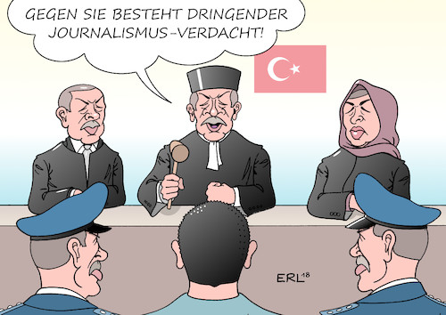 Cartoon: Türkei Journalismus (medium) by Erl tagged politik,türkei,präsident,erdogan,putsch,versuch,säuberung,umbau,präsidialsystem,abbau,demokratie,gewaltenteilung,grundrechte,meinungsfreiheit,pressefreiheit,verhaftungen,journalisten,vorwurf,terrorismus,gericht,justiz,unabhängigkeit,haftstrafe,gefängnis,journalismus,zeitung,medien,karikatur,erl,politik,türkei,präsident,erdogan,putsch,versuch,säuberung,umbau,präsidialsystem,abbau,demokratie,gewaltenteilung,grundrechte,meinungsfreiheit,pressefreiheit,verhaftungen,journalisten,vorwurf,terrorismus,gericht,justiz,unabhängigkeit,haftstrafe,gefängnis,journalismus,zeitung,medien,karikatur,erl