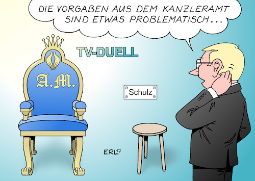 Cartoon: TV-Duell (medium) by Erl tagged bundestagswahl,2017,wahl,wahlkampf,tv,duell,fernsehduell,bundeskanzlerin,angela,merkel,cdu,herausforderer,martin,schulz,spd,kanzlerkandidat,sendung,format,ablauf,vorgaben,kanzleramt,einschränkung,diskussion,debatte,inhalte,unterschied,thron,königin,hocker,karikatur,erl,bundestagswahl,2017,wahl,wahlkampf,tv,duell,fernsehduell,bundeskanzlerin,angela,merkel,cdu,herausforderer,martin,schulz,spd,kanzlerkandidat,sendung,format,ablauf,vorgaben,kanzleramt,einschränkung,diskussion,debatte,inhalte,unterschied,thron,königin,hocker,karikatur,erl