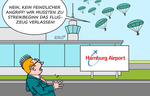 Cartoon: Überraschender Warnstreik (medium) by Erl tagged politik,verkehr,flugzeug,warnstreik,verdi,flughafen,ohne,ankündigung,hamburg,airport,fallschirm,karikatur,erl,politik,verkehr,flugzeug,warnstreik,verdi,flughafen,ohne,ankündigung,hamburg,airport,fallschirm,karikatur,erl