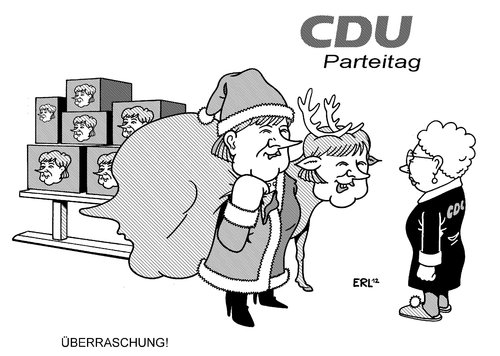 Cartoon: Überraschung! (medium) by Erl tagged cdu,partei,parteitag,bundeskanzlerin,angela,merkel,weihnachtsmann,nikolaus,geschenke,überraschung,rentier,schlitten,allmacht,führung