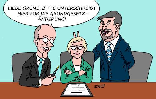 Cartoon: Überzeugungsarbeit (medium) by Erl tagged politik,koalition,cdu,csu,spd,grundgesetz,änderung,schulden,grüne,bashing,söder,brantner,merz,karikatur,erl,politik,koalition,cdu,csu,spd,grundgesetz,änderung,schulden,grüne,bashing,söder,brantner,merz,karikatur,erl