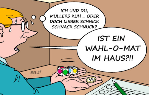 Cartoon: Unentschlossen (medium) by Erl tagged politik,wahl,bundestagswahl,wahllokal,wahlkabine,unentschlossen,würfel,münze,wahlomat,karikatur,erl,politik,wahl,bundestagswahl,wahllokal,wahlkabine,unentschlossen,würfel,münze,wahlomat,karikatur,erl