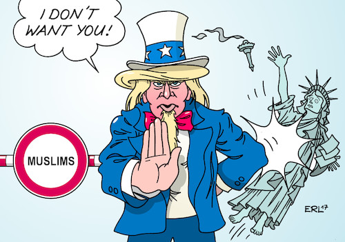 Cartoon: USA Einreiseverbot (medium) by Erl tagged usa,präsident,donald,trump,einreiseverbot,muslime,moslems,terrorabwehr,terrorgefahr,terror,benachteiligung,religion,verletzung,menschenrechte,demokratie,freiheit,freiheitsstatue,liberty,uncle,sam,want,you,grenze,schranke,verbot,schild,karikatur,erl,usa,präsident,donald,trump,einreiseverbot,muslime,moslems,terrorabwehr,terrorgefahr,terror,benachteiligung,religion,verletzung,menschenrechte,demokratie,freiheit,freiheitsstatue,liberty,uncle,sam,want,you,grenze,schranke,verbot,schild,karikatur,erl