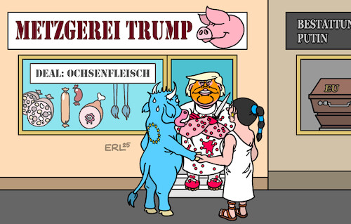 Cartoon: USA EU Russland (medium) by Erl tagged politik,usa,trump,beeinflussung,eu,rechtspopulismus,putin,russland,zerstörung,europa,stier,bestattungen,metzgerei,fleischerei,karikatur,erl,politik,usa,trump,beeinflussung,eu,rechtspopulismus,putin,russland,zerstörung,europa,stier,bestattungen,metzgerei,fleischerei,karikatur,erl