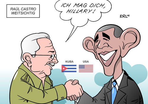 Cartoon: USA Kuba Clinton (medium) by Erl tagged usa,kuba,revolution,feindschaft,handelsembargo,tauwetter,raul,castro,barack,obama,präsident,treffen,handschlag,bekanntgabe,kandidatur,hillary,clinton,us,präsidentin,weisicht,zukunft,karikatur,erl,usa,kuba,revolution,feindschaft,handelsembargo,tauwetter,raul,castro,barack,obama,präsident,treffen,handschlag,bekanntgabe,kandidatur,hillary,clinton,us,präsidentin,weisicht,zukunft