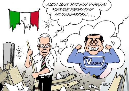 Cartoon: V-Mann Italien (medium) by Erl tagged krise,schulden,rücktritt,berlusconi,italien,euro,korruption,affären,rechtsbeugung,aufräumen,mario,monti,ministerpräsident,minister,deutschland,rechtsterrorismus,verfassungsschutz,vmann,italien,berlusconi,rücktritt,schulden,krise,euro,affären,rechtsbeugung,aufräumen