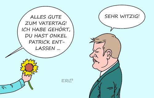 Cartoon: Vatertag (medium) by Erl tagged politik,bündnis90,die,grünen,wirtschaftministerium,vetternwirtschaft,filz,wirtschaftminister,robert,habeck,entlassung,staatssekretär,patrick,graichen,vatertag,vater,sohn,onkel,karikatur,erl,politik,bündnis90,die,grünen,wirtschaftministerium,vetternwirtschaft,filz,wirtschaftminister,robert,habeck,entlassung,staatssekretär,patrick,graichen,vatertag,vater,sohn,onkel,karikatur,erl