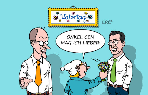 Cartoon: Vatertag (medium) by Erl tagged politik,vatertag,blumenstrauß,liebe,beliebtheit,kanzler,friedrich,merz,cdu,ministerpräsident,cem,özdemir,grüne,karikatur,erl,politik,vatertag,blumenstrauß,liebe,beliebtheit,kanzler,friedrich,merz,cdu,ministerpräsident,cem,özdemir,grüne,karikatur,erl