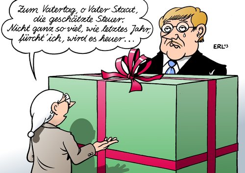 Cartoon: Vatertag Steuer (medium) by Erl tagged steuerschätzung,steuer,vatertag,geschenk,vater,staat,einnahmen,rückgang,bundeskanzlerin,angela,merkel,bürger,steuerzahler,vatertag,steuer,steuerschätzung