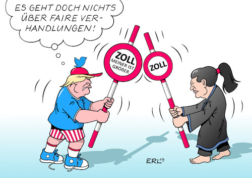 Cartoon: Verhandlungen USA-China (medium) by Erl tagged politik,wirtschaft,handel,handelsabkommen,verhandlungen,usa,china,präsident,donald,trump,handelskrieg,strafzölle,erhöhung,druck,zoll,import,export,kampf,karikatur,erl,politik,wirtschaft,handel,handelsabkommen,verhandlungen,usa,china,präsident,donald,trump,handelskrieg,strafzölle,erhöhung,druck,zoll,import,export,kampf,karikatur,erl