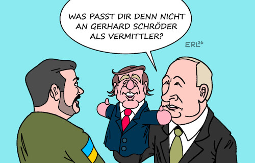Cartoon: Vermittler Schröder (medium) by Erl tagged politik,krieg,angriff,überfall,russland,ukraine,selenskyj,putin,vorschlag,vermittler,altbundeskanzler,gerhard,schröder,freund,handpuppe,karikatur,erl,politik,krieg,angriff,überfall,russland,ukraine,selenskyj,putin,vorschlag,vermittler,altbundeskanzler,gerhard,schröder,freund,handpuppe,karikatur,erl