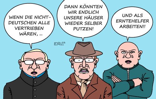 Cartoon: Vertreibung (medium) by Erl tagged politik,treffen,rechtsextremisten,afd,unternehmer,cdu,pläne,vertreibung,menschen,migrationshintergrund,deutsche,rechtsextremismus,zerstörung,demokratie,staat,karikatur,erl,politik,treffen,rechtsextremisten,afd,unternehmer,cdu,pläne,vertreibung,menschen,migrationshintergrund,deutsche,rechtsextremismus,zerstörung,demokratie,staat,karikatur,erl