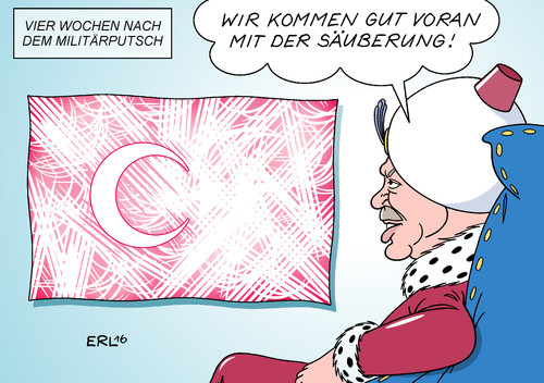 Cartoon: Vier Wochen nach dem Putsch (medium) by Erl tagged türkei,militärputsch,präsident,erdogan,säuberung,verhaftungen,militär,justiz,bildung,wirtschaft,gülen,staat,sultan,macht,gelegenheit,flagge,karikatur,erl,türkei,militärputsch,präsident,erdogan,säuberung,verhaftungen,militär,justiz,bildung,wirtschaft,gülen,staat,sultan,macht,gelegenheit,flagge,karikatur,erl