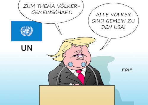 Cartoon: Völkergemeinschaft (medium) by Erl tagged usa,präsident,donald,trump,rede,un,vereinte,nationen,verhältnis,zwiespältig,minderleister,rechtspopulismus,nationalismus,abschottung,egoismus,solidarität,gemeinsamkeit,völkergemeinschaft,völker,gemein,gemeinheit,kampf,angriff,karikatur,erl,usa,präsident,donald,trump,rede,un,vereinte,nationen,verhältnis,zwiespältig,minderleister,rechtspopulismus,nationalismus,abschottung,egoismus,solidarität,gemeinsamkeit,völkergemeinschaft,völker,gemein,gemeinheit,kampf,angriff,karikatur,erl