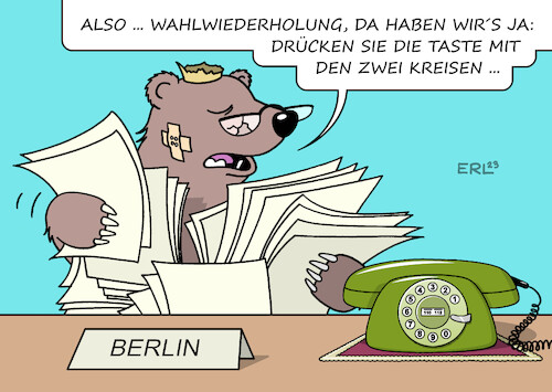 Cartoon: Vorbereitung auf die Berlin-Wahl (medium) by Erl tagged politik,demokratie,wahl,berlin,abgeordnetenhaus,2021,chaos,stimmzettel,öffnungszeiten,gericht,urteil,wiederholung,12,februar,2023,bestätigung,bundesverfassungsgericht,karlsruhe,berliner,bär,vorbereitung,taste,wahlwiederholung,telefon,wählscheibe,karikatur,erl,politik,demokratie,wahl,berlin,abgeordnetenhaus,2021,chaos,stimmzettel,öffnungszeiten,gericht,urteil,wiederholung,12,februar,2023,bestätigung,bundesverfassungsgericht,karlsruhe,berliner,bär,vorbereitung,taste,wahlwiederholung,telefon,wählscheibe,karikatur,erl