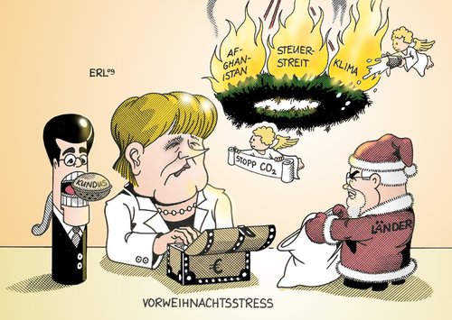 Cartoon: Vorweihnachtsstress (medium) by Erl tagged merkel,kanzlerin,guttenberg,carstensen,probleme,kundus,afghanistan,steuerstreit,klima,vorweihnachtsstress,angela merkel,guttenberg,carstensen,probleme,kundus,afghanistan,steuerstreit,klima,vorweihnachtsstress,weihnachten,stress,klimawandel,krieg,militär,steuern,angela,merkel