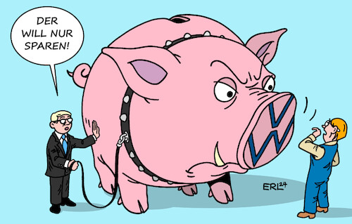 Cartoon: VW (medium) by Erl tagged politik,auto,volkswagen,vw,elektromobilität,verbrenner,sparkurs,nullrunden,werksschließung,sparschwein,karikatur,erl,politik,auto,volkswagen,vw,elektromobilität,verbrenner,sparkurs,nullrunden,werksschließung,sparschwein,karikatur,erl