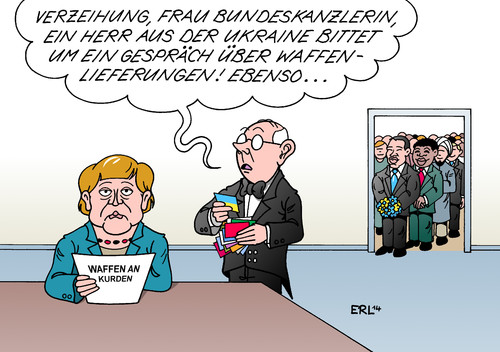 Cartoon: Waffenlieferungen (medium) by Erl tagged waffenlieferungen,kurden,nordirak,kampf,is,isis,terror,staat,krisengebiet,tabu,bruch,dammbruch,ukraine,anfrage,bundeskanzlerin,angela,merkel,waffenlieferungen,kurden,nordirak,kampf,is,isis,terror,staat,krisengebiet,tabu,bruch,dammbruch,ukraine,anfrage,bundeskanzlerin,angela,merkel