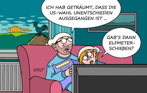 Cartoon: Wahlausgang (medium) by Erl tagged politik,usa,wahl,harris,trump,ergebnis,befürchtung,unruhen,gewalt,fernsehen,traum,fußball,elfmeterschießen,karikatur,erl,politik,usa,wahl,harris,trump,ergebnis,befürchtung,unruhen,gewalt,fernsehen,traum,fußball,elfmeterschießen,karikatur,erl