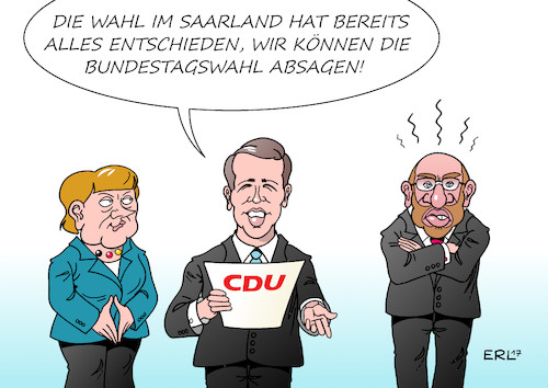 Cartoon: Wahlfazit (medium) by Erl tagged wahl,landtagswahl,bundestagswahl,saarland,test,start,superwahljahr,sieg,siegerin,ministerpräsidentin,annegret,kramp,karrenbauer,cdu,spd,linke,rot,kanzlerkandidat,martin,schulz,effekt,dämpfer,bundeskanzlerin,angela,merkel,aufwind,regierungssprecher,steffen,seibert,karikatur,erl,wahl,landtagswahl,bundestagswahl,saarland,test,start,superwahljahr,sieg,siegerin,ministerpräsidentin,annegret,kramp,karrenbauer,cdu,spd,linke,rot,kanzlerkandidat,martin,schulz,effekt,dämpfer,bundeskanzlerin,angela,merkel,aufwind,regierungssprecher,steffen,seibert,karikatur,erl