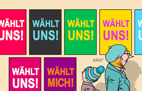 Cartoon: Wahlplakate I (medium) by Erl tagged politik,neuwahlen,wahlkampf,wahlplakate,spd,cdu,csu,grüne,fdp,afd,bsw,linke,mutter,kind,karikatur,erl,politik,neuwahlen,wahlkampf,wahlplakate,spd,cdu,csu,grüne,fdp,afd,bsw,linke,mutter,kind,karikatur,erl