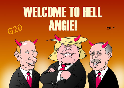 Cartoon: Welcome To Hell (medium) by Erl tagged g20,gipfel,industrieländer,schwellenländer,weltpolitik,klimawandel,handel,krieg,nationalismus,abschottung,klimaleugner,rechtspopulismus,usa,präsident,donald,trump,unberechenbarkeit,türkei,erdogan,präsidialsystem,verhaftungen,russland,putin,annexion,krim,ostukraine,blockade,bundeskanzlerin,angela,merkel,karikatur,erl,g20,gipfel,industrieländer,schwellenländer,weltpolitik,klimawandel,handel,krieg,nationalismus,abschottung,klimaleugner,rechtspopulismus,usa,präsident,donald,trump,unberechenbarkeit,türkei,erdogan,präsidialsystem,verhaftungen,russland,putin,annexion,krim,ostukraine,blockade,bundeskanzlerin,angela,merkel,karikatur,erl