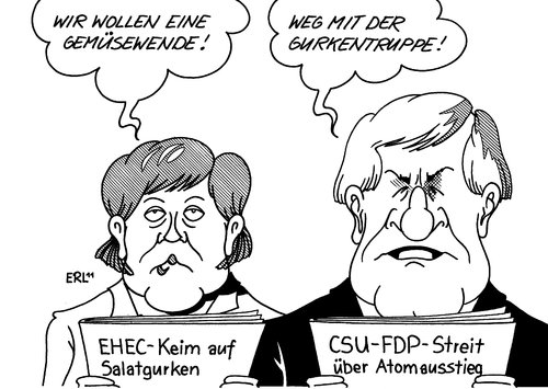 Cartoon: Wende (medium) by Erl tagged cdu,csu,fdp,keim,krankheit,salatgurke,gurke,atomausstieg,gurkentruppe,energiewende,merkel,seehofer