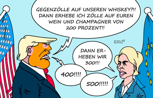 Cartoon: Wer bietet mehr? (medium) by Erl tagged politik,usa,trump,zölle,eu,gegenzölle,whiskey,erhöhung,wein,champagner,europa,von,der,leyen,karikatur,erl,politik,usa,trump,zölle,eu,gegenzölle,whiskey,erhöhung,wein,champagner,europa,von,der,leyen,karikatur,erl