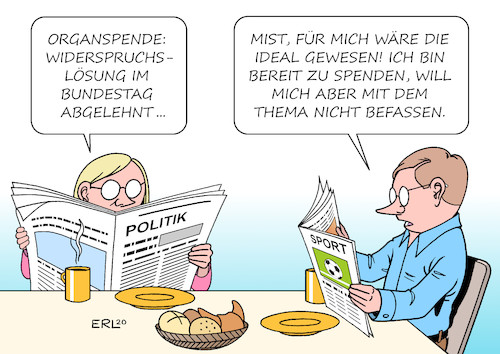 Cartoon: Widerspruchslösung (medium) by Erl tagged politik,gesundheit,organspende,diskussion,widerspruch,spender,ersatzteillager,leben,retter,retterin,krankheit,warten,spenderorgan,zeit,tod,ethik,organspendeausweis,abstimmung,bundestag,gegen,widerspruchslösung,für,zustimmungslösung,bereitschaft,karikatur,erl,politik,gesundheit,organspende,diskussion,widerspruch,spender,ersatzteillager,leben,retter,retterin,krankheit,warten,spenderorgan,zeit,tod,ethik,organspendeausweis,abstimmung,bundestag,gegen,widerspruchslösung,für,zustimmungslösung,bereitschaft,karikatur,erl