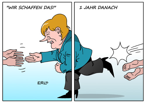 Cartoon: Wir schaffen das! 1 Jahr danach (medium) by Erl tagged bundeskanzlerin,angela,merkel,cdu,flüchtlinge,flüchtlingspolitik,wir,schaffen,das,satz,streitpunkt,kritik,csu,konservative,rechte,afd,rechtspopulisten,rechtsextreme,druck,obergrenze,abschottung,abschreckung,abschiebung,ein,jahr,danach,hand,fuß,karikatur,erl,bundeskanzlerin,angela,merkel,cdu,flüchtlinge,flüchtlingspolitik,wir,schaffen,das,satz,streitpunkt,kritik,csu,konservative,rechte,afd,rechtspopulisten,rechtsextreme,druck,obergrenze,abschottung,abschreckung,abschiebung,ein,jahr,danach,hand,fuß,karikatur,erl