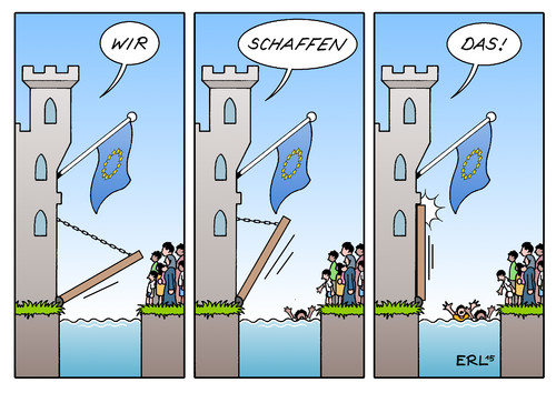 Cartoon: Wir schaffen das! (medium) by Erl tagged flüchtlinge,eu,europa,abschottung,grenze,zaun,stacheldraht,festung,burg,zugbrücke,deutschland,bundeskanzlerin,angela,merkel,mutti,offenheit,widerstand,verteilung,quote,karikatur,erl,flüchtlinge,eu,europa,abschottung,grenze,zaun,stacheldraht,festung,burg,zugbrücke,deutschland,bundeskanzlerin,angela,merkel,mutti,offenheit,widerstand,verteilung,quote,karikatur,erl