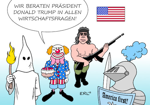 Cartoon: Wirtschaftsberater (medium) by Erl tagged politik,usa,präsident,donald,trump,wirtschaft,wirtschaftspolitik,nationalismus,abschottung,strafzölle,zölle,handel,welthandel,freihandel,einschränkung,gefährdung,egoismus,handeslkrieg,berater,wirtschaftsberater,ku,klux,klan,clown,rambo,ritter,america,first,karikatur,erl,politik,usa,präsident,donald,trump,wirtschaft,wirtschaftspolitik,nationalismus,abschottung,strafzölle,zölle,handel,welthandel,freihandel,einschränkung,gefährdung,egoismus,handeslkrieg,berater,wirtschaftsberater,ku,klux,klan,clown,rambo,ritter,america,first,karikatur,erl