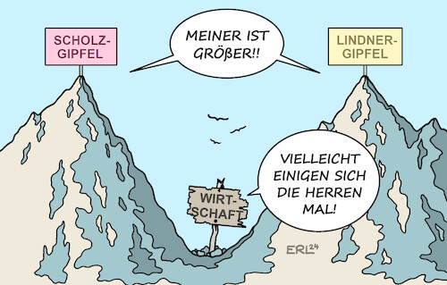 Cartoon: Wirtschaftsgipfel (medium) by Erl tagged politik,streit,ampel,wirtschaftspolitik,wirtschaft,wirtschaftsgipfel,scholz,lindner,getrennt,gipfel,karikatur,erl,politik,streit,ampel,wirtschaftspolitik,wirtschaft,wirtschaftsgipfel,scholz,lindner,getrennt,gipfel,karikatur,erl