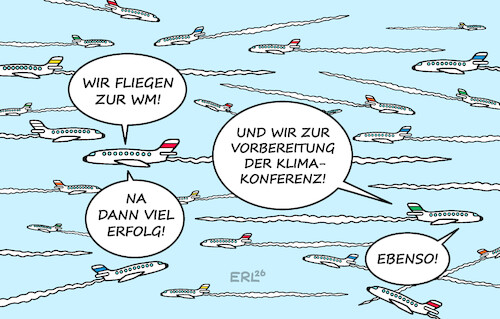 Cartoon: WM und Klima (medium) by Erl tagged politik,sport,fußball,wm,usa,mexiko,kanada,klimaschädlich,klima,klimakonferenz,vorbereitung,flüge,flugzeuge,karikatur,erl,politik,sport,fußball,wm,usa,mexiko,kanada,klimaschädlich,klima,klimakonferenz,vorbereitung,flüge,flugzeuge,karikatur,erl